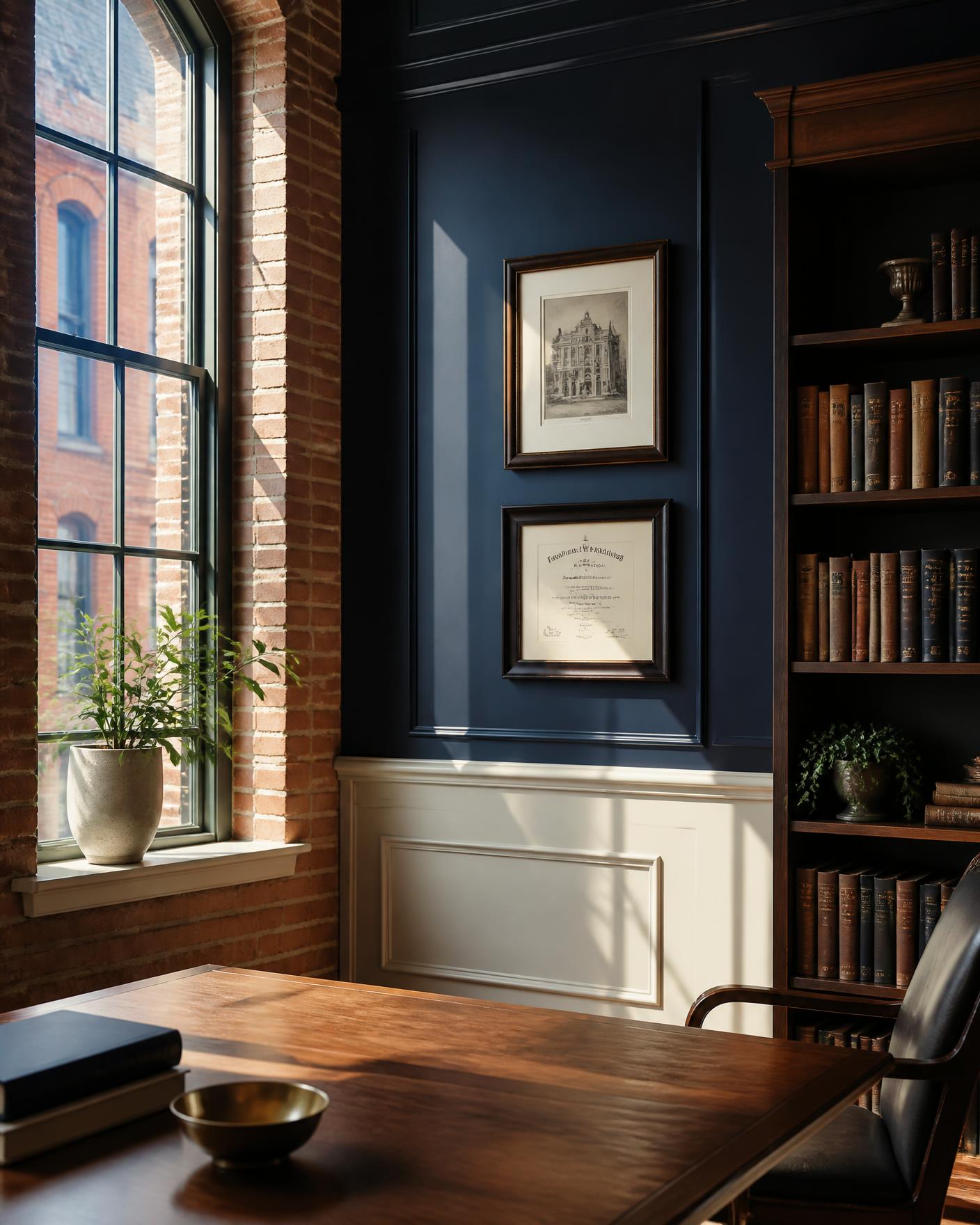 Sunlit private office with navy panelling, bookshelves and a wooden desk in a restored brick building
