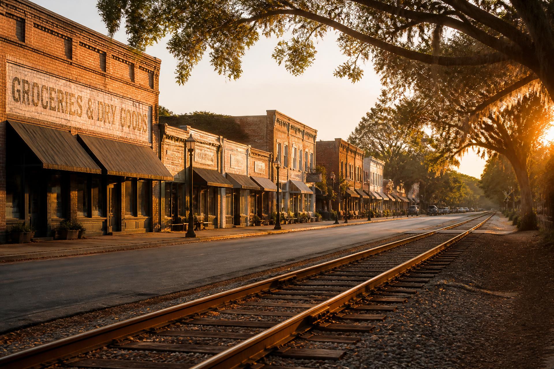 Historic brick storefronts and railroad tracks along the main street in Waxhaw, North Carolina at golden hour